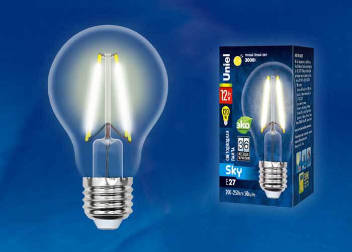 Лампа светодиодная филаментная Uniel E27 12W 3000K прозрачная LED-A60-12W/3000K/E27/CL PLS02WH UL-00004866 В наличии, Производитель:Uniel, Тип: Филаментные, Артикул: LED-A60-12W/3000K/E27/CL PLS02WH Доставка по РФ, актуальные цены и остатки, интернет-магазин Торгостров