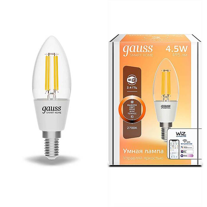 Купить Лампа светодиодная диммируемая филаментная Gauss Smart Home Filament E14 4,5W 2700K прозрачная 1230112 за 729 ₽ в наличии с доставкой по России. Интернет-магазин каталог товаров